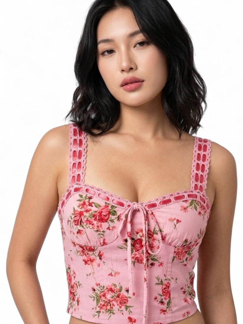 Thirty Thirty LA Milkmaid Bustier Tank in Pink Rose Print